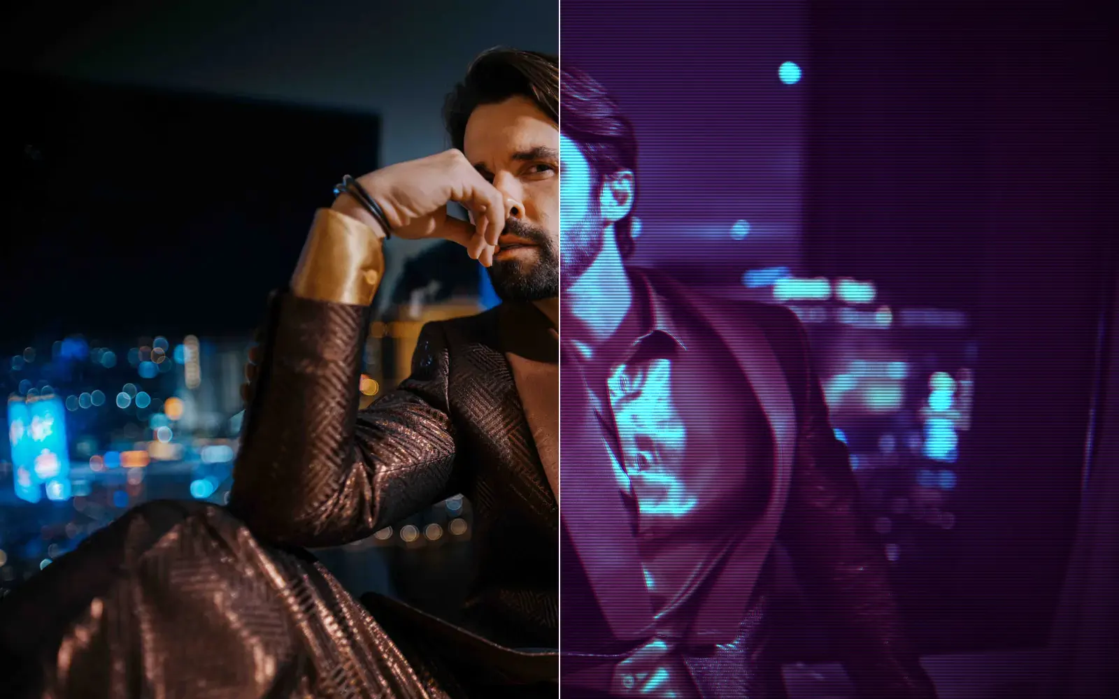The same photo twice, split down the middle: on the left the untouched frame, on the right the same frame after the Lab's “synthwave scanlines, 80s retro” — magenta shadows, cyan highlights and fine horizontal lines.