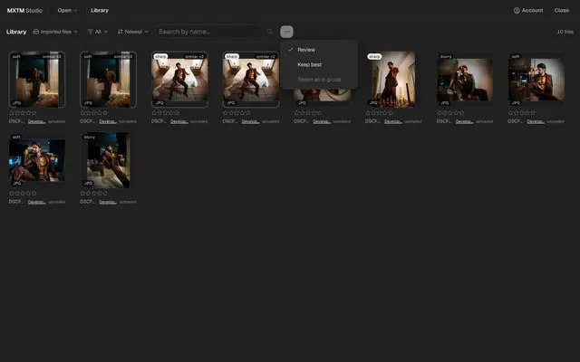 The MXTM Studio library in review mode: each tile carries its measured sharpness flag — sharp, soft or blurry — the near-duplicates are marked “similar ×2”, and “Keep best” stands in the opened ⋯ menu beside them.