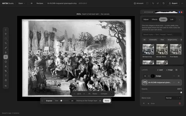 The MXTM Studio editor during an exposure: the countdown of the running exposure time is visible over the developed photo while the dodge brush is moved across it, with the Dodge layer already in the layer stack.