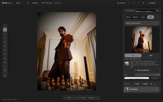 The Lab tab of MXTM Studio: an effect that reads the cut-out of the person as a second input, its sliders listed beside the preview, and the result standing on the photo.