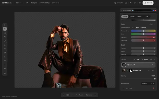 The MXTM Studio photo editor: the image layer carries a mask of the cut-out figure — the mask thumbnail sits next to it in the layer stack — with an adjustment layer above, the develop sliders set to real values and the histogram on top.