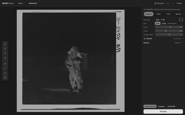 The MXTM Studio darkroom with a black-and-white negative scan on the neutral stage — “Show negative” switched on — next to the film base row with its measured value and the develop controls.