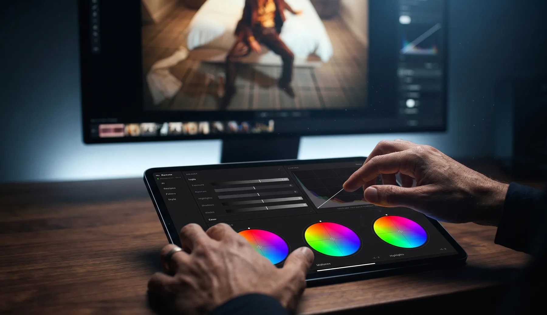 Two hands on a tablet lying flat on a desk: the remote with its light sliders, the tone curve and three colour wheels; on the display behind it the same photo open in the studio.