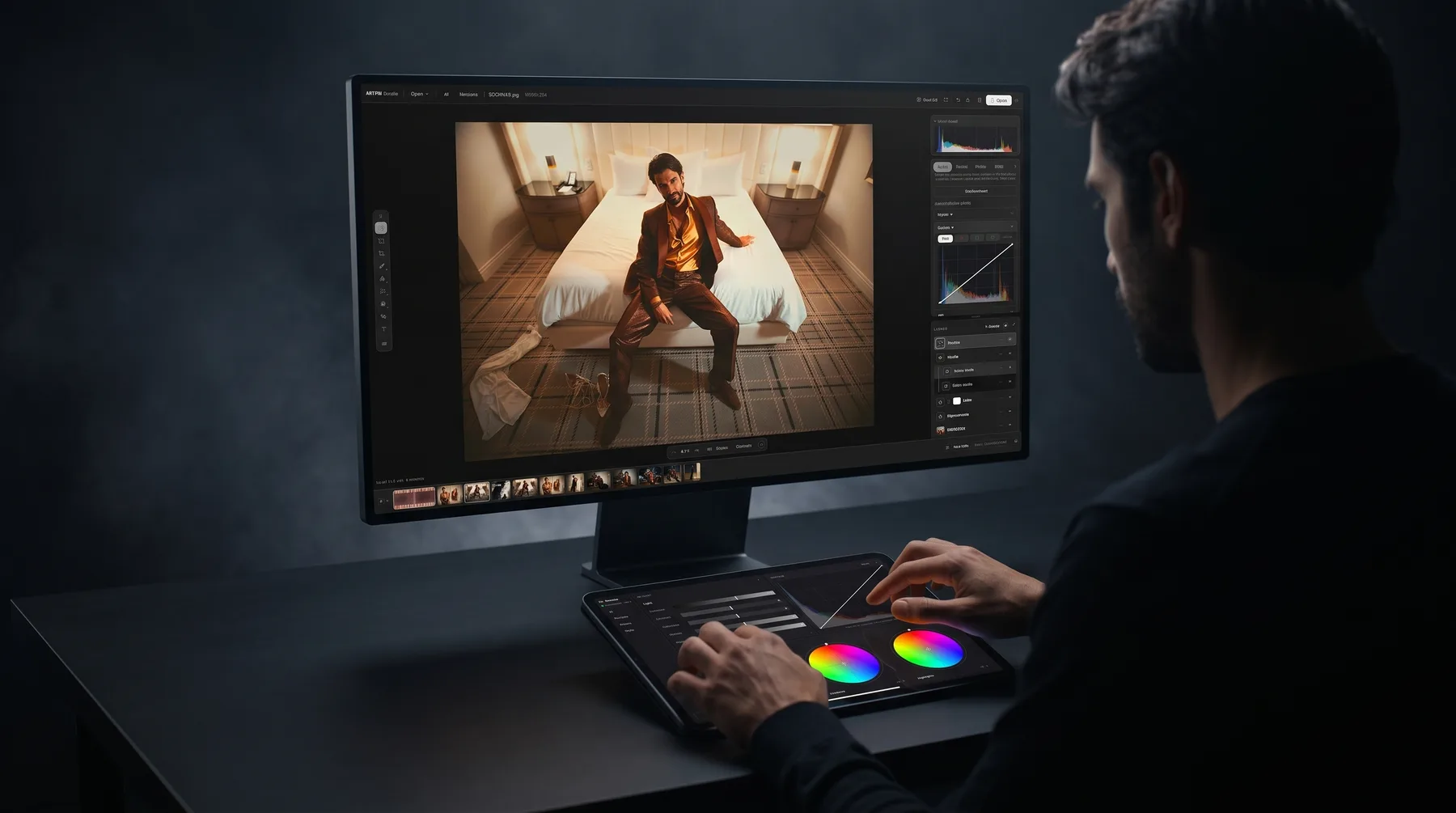 A photographer at a dark desk: the studio open on a large display, a tablet lying flat in front of him as its remote — both hands on the tablet's sliders and colour wheels.