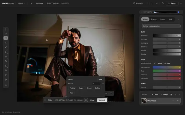 The MXTM Studio photo editor after “Select subject”: the marching-ants outline follows the seated figure, with feather, grow, invert and refine ready beside it.